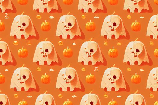 Cute spooky orange pumpkin, skeleton, bat, lollipop and candy pattern, Halloween holidays cartoon character set, Trick or treat background, painting, illustration, drawing v3