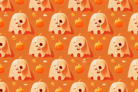 Cute spooky orange pumpkin, skeleton, bat, lollipop and candy pattern, Halloween holidays cartoon character set, Trick or treat background, painting, illustration, drawing v3