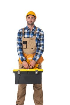 Contractor worker in coveralls and yellow hardhat with toolbox isolated on white background