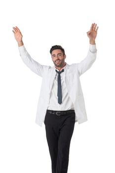 Young male medical doctor with stethoscope with raised arms isolated on white background full length studio portrait