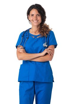 Female nurse in blue uniform with stethoscope standing with arms crossed isolated on white background