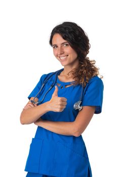 Smiling woman doctor or nurse with thumb up, studio portrait isolated on white background