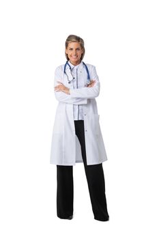 A full-length shot of a Young doctor woman with arms crossed over isolated white background