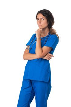 Young doctor surgeon woman over isolated white background with hand on chin thinking about question, pensive expression. Doubt concept.