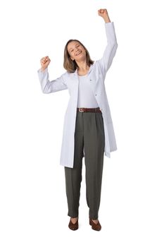 Young female medical doctor with stethoscope with raised arms isolated on white background full length studio portrait