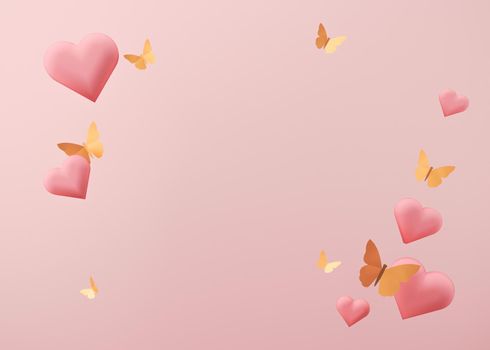 Pink hearts and golden butterflies. Women's Day, Mother's Day, Wedding, Anniversary background with free space for text, copy space. Postcard, greeting card design. Trendy template. 3D illustration