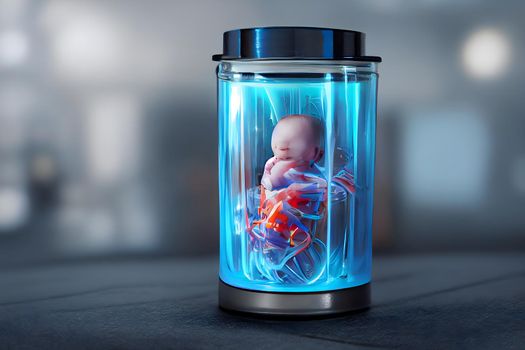 human baby embyo inside blue incubator breeding tank, ectogenesis concept, neural network generated art. Digitally generated image. Not based on any actual scene or pattern.