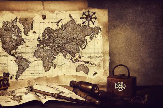 Happy Columbus Day concept. Vintage compass and pirates treasure manuscript with copy space on dark background. 3D illustration