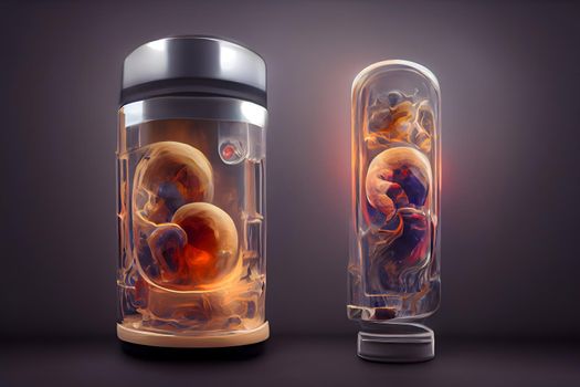 human baby embyo inside incubator breeding tank on gray background, ectogenesis concept, neural network generated art. Digitally generated image. Not based on any actual scene or pattern.
