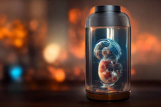 human baby embyo inside incubator breeding tank, ectogenesis concept, neural network generated art. Digitally generated image. Not based on any actual scene or pattern.