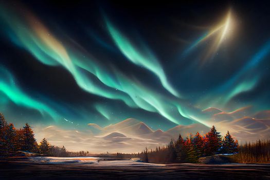 night terrestrial landscape with aurora northem lights in the sky, neural network generated art. Digitally generated image. Not based on any actual scene or pattern.