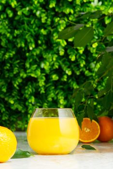 glass of fresh orange juice with fresh fruits over a green background. fresh orange juice