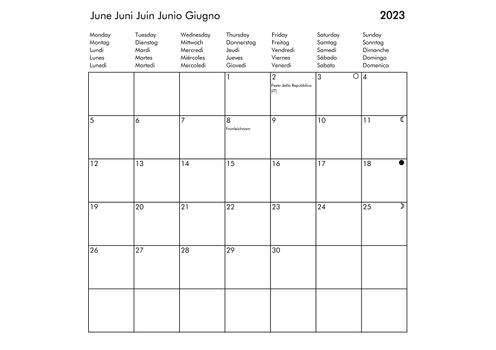June Multilingual year 2023 calendar in English German French Spanish and Italian with USA UK Germany France Spain and Italy holidays