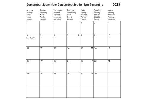 September Multilingual year 2023 calendar in English German French Spanish and Italian with USA UK Germany France Spain and Italy holidays