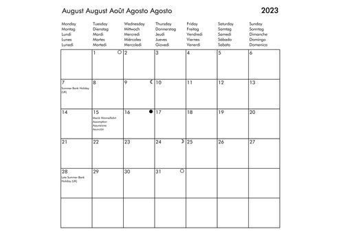 August Multilingual year 2023 calendar in English German French Spanish and Italian with USA UK Germany France Spain and Italy holidays