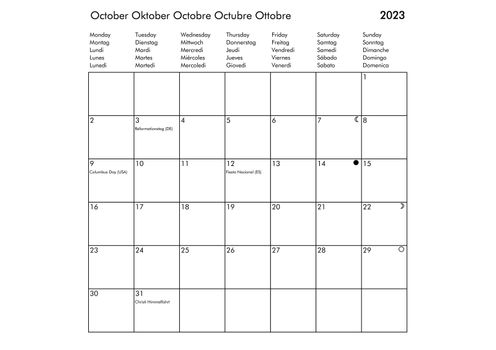 October Multilingual year 2023 calendar in English German French Spanish and Italian with USA UK Germany France Spain and Italy holidays