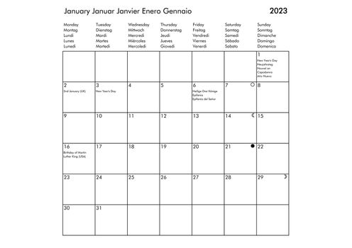 January Multilingual year 2023 calendar in English German French Spanish and Italian with USA UK Germany France Spain and Italy holidays