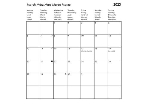 March Multilingual year 2023 calendar in English German French Spanish and Italian with USA UK Germany France Spain and Italy holidays