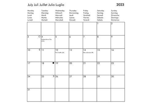 July Multilingual year 2023 calendar in English German French Spanish and Italian with USA UK Germany France Spain and Italy holidays