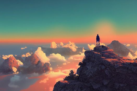 Hiker standing on a mountain cliff above clouds at sunset, This a 3d render illustration v1