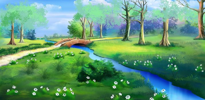 Small bridge over a river in the forest on a sunny day. Digital Painting Background, Illustration.