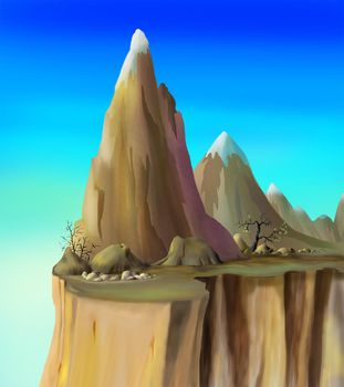 Fairy mountain top on a sunny day. Digital Painting Background, Illustration.