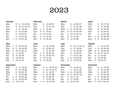 Yearly calendar of year 2023 including all months January February March April May June July August September October November December
