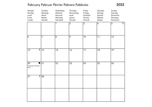 February Multilingual year 2023 calendar in English German French Spanish and Italian with USA UK Germany France Spain and Italy holidays