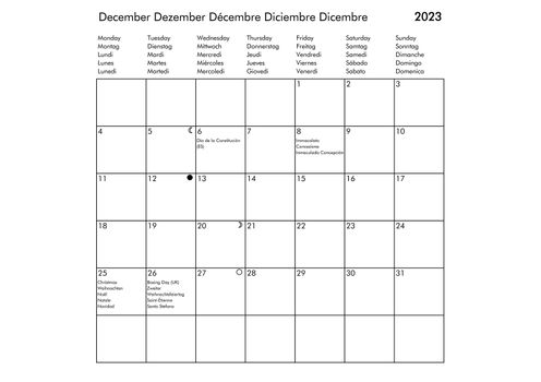December Multilingual year 2023 calendar in English German French Spanish and Italian with USA UK Germany France Spain and Italy holidays