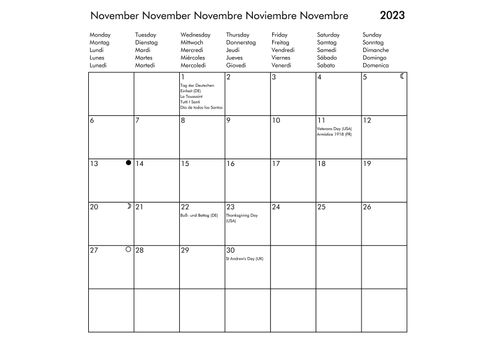 November Multilingual year 2023 calendar in English German French Spanish and Italian with USA UK Germany France Spain and Italy holidays