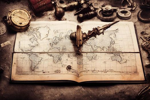 Happy Columbus Day concept. Vintage compass and pirates treasure manuscript with copy space on dark background. 3D illustration