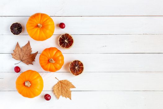 autumn flatlay composition with mini pumpkins, dry leaves and dry orange slices, white wooden background, copyspace
