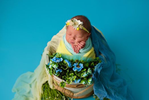 Ukrainian newborn in the studio patriotic blue yellow colors during the war in Ukraine 2022. A little baby, girl sleeps on isolated background