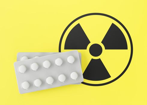 Anti-Radiation Pills, Iodine tablets, tablets for radiation protection. Potassium iodine tablet protecting against the dangers of accidental exposure to radioactivity. Nuclear threats. 3d rendering