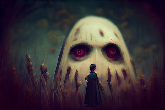 huge creepy fantastic nightmare creature face in front of small human figure, neural network generated art. Digitally generated image. Not based on any actual scene or pattern.