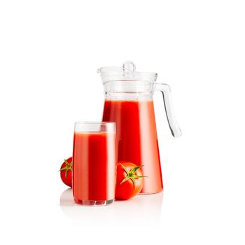 fresh tomato juice isolated on white background. pure tomato juice in glass and graphene.