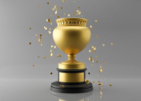 Golden champion, trophy cup with falling confetti on gray background. Free, copy space for text. Trophy cup mock up. Sport award, winner prize, winning concept. Gold, first place. 3D rendering