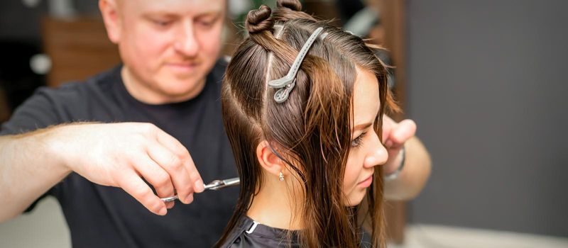 Male stylist cutting the hair of female client in professional beauty salon