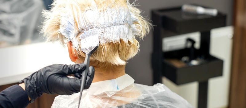 The professional hairdresser is dyeing the hair of her female client in a beauty salon