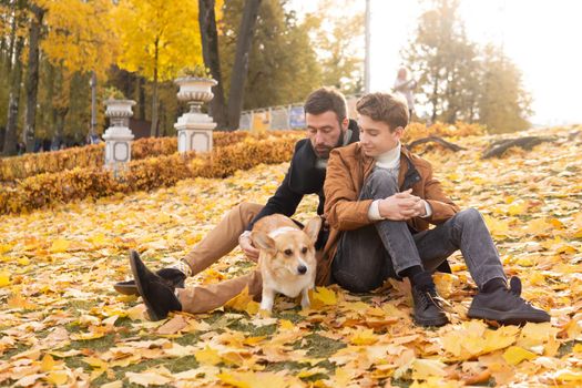 Father and son with a pet on a walk in the autumn park.