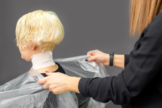Hairstylist covers neck with cape for a female client in a beauty salon