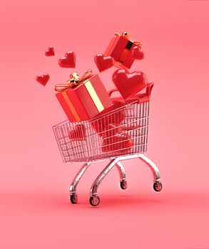 Shopping cart, trolley with red gift boxes and hearts on pink background. Valentine's Day, sale. 3D illustration