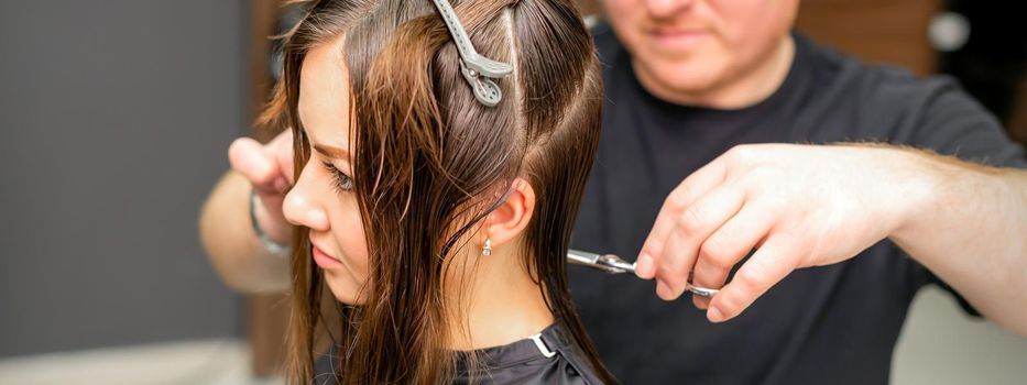 Male stylist cutting the hair of female client in professional beauty salon