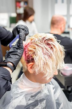 The professional hairdresser uses a brush to apply the pink dye to the hair. Hair coloring concept