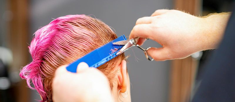 Professional hairstylist is cutting short pink hair with scissors in hair salon close up