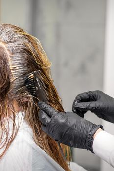 A hairdresser in black gloves is applying brush color to the hair of a customer. Hair coloring in a beauty salon close-up