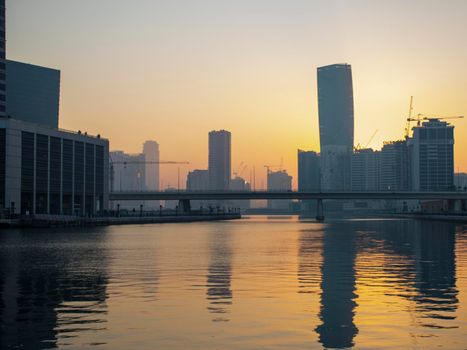 Sunrise at the Dubai water canal. UAE. Outdoor