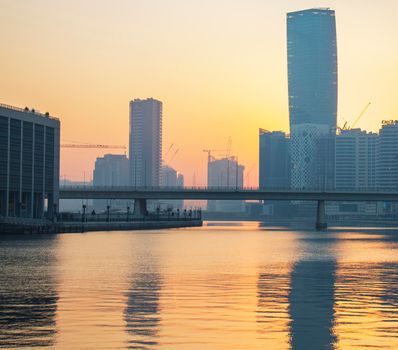 Sunrise at the Dubai water canal. UAE. Outdoor