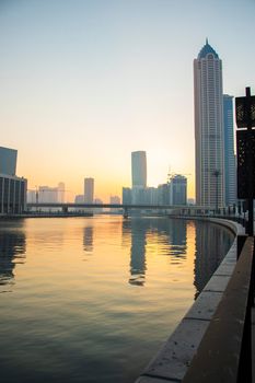 Sunrise at the Dubai water canal. UAE. Outdoor