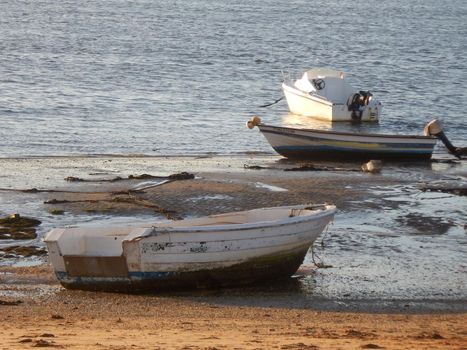 Small boats moored along the sea shore